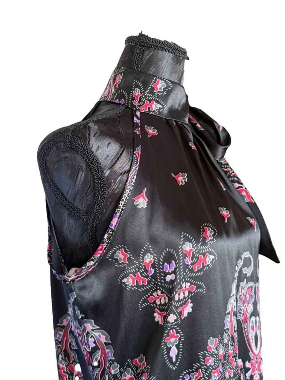 VINTAGE Twenty One Paisley Satin Halter Dress • Black Magenta Tie Neck Backless